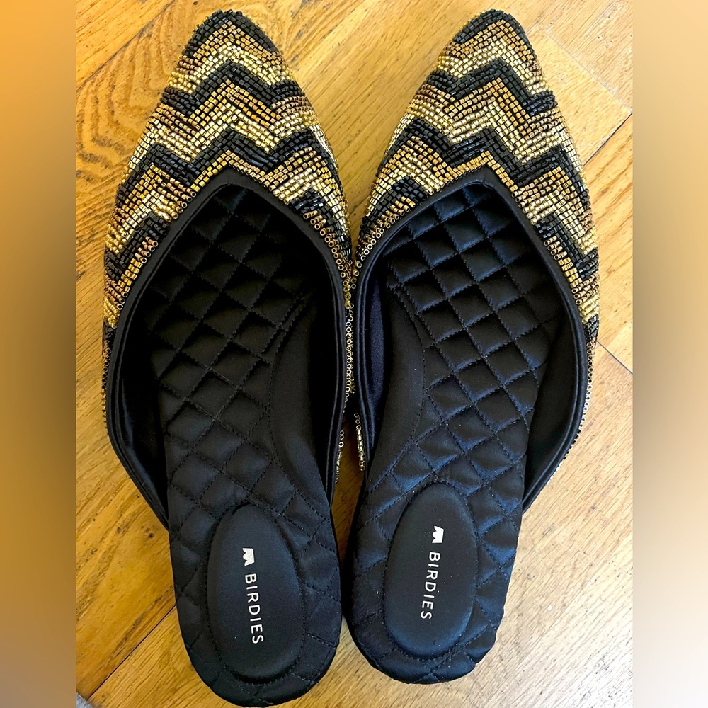 Birdies 9 Swan Mule Chevron Beaded Slides $165